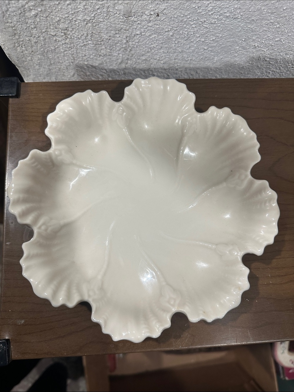 Vintage Lenox Ivory Scalloped Leaf Bowl - Blue Wreath Mark USA - Mint Condition
